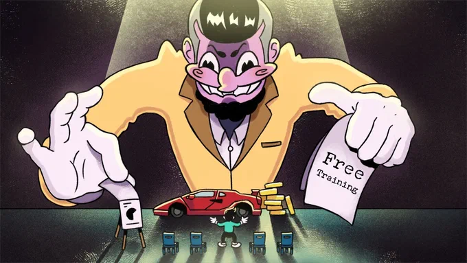 A cartoon guru in a yellow suit looms over a miniature stage set with a red sports car, stacks of gold coins and rows of empty chairs, holding out a sheet of paper marked ‘Free Training’