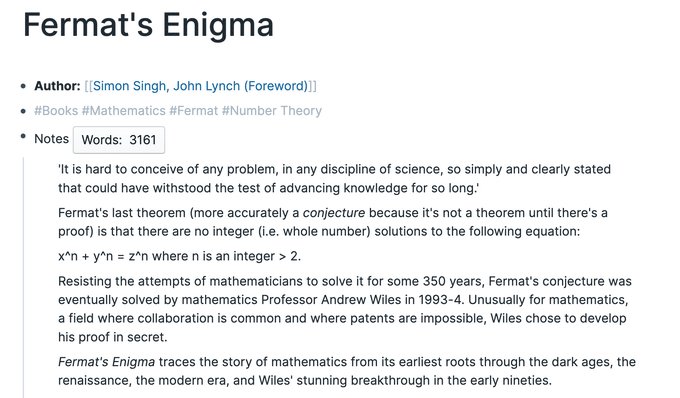 Screenshot of a Roam Research note page for ‘Fermat’s Enigma’ by Simon Singh, showing book metadata, tags, and the author’s reading notes